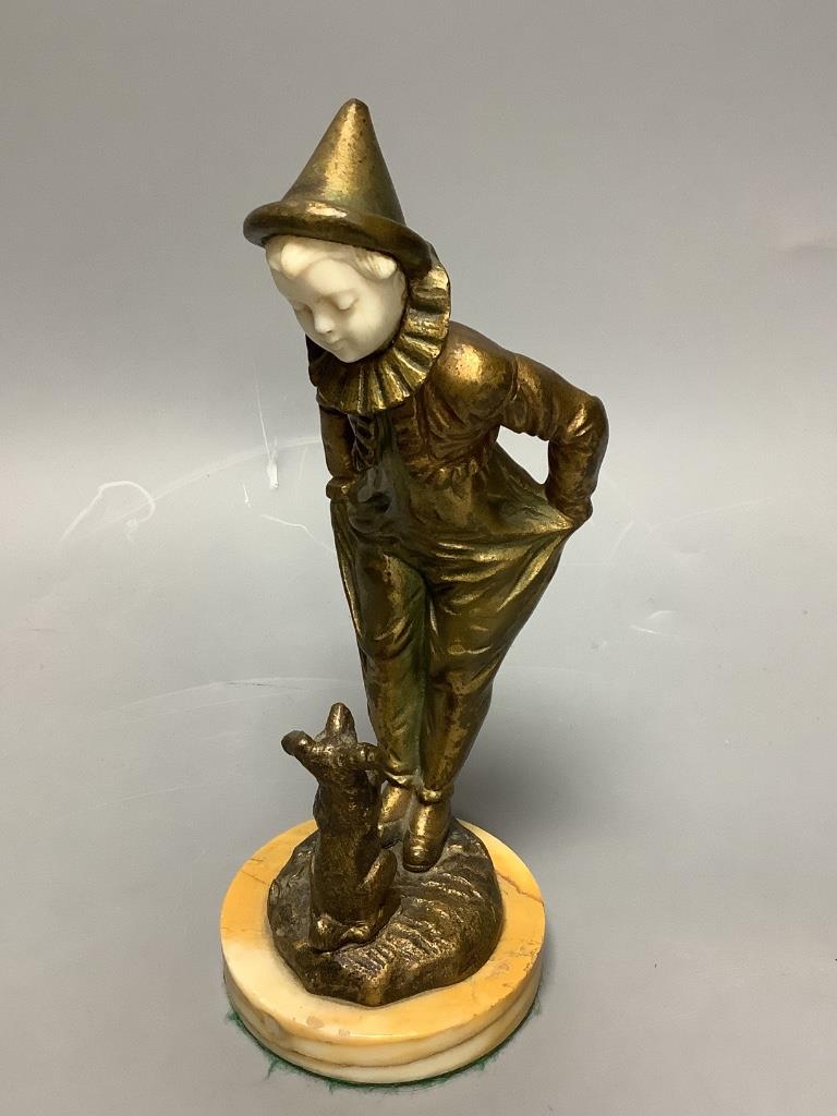 Georges Omerth. An Art Deco gilt bronze and ivory of a pierrot and dog, height 20cm